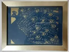 切り絵(孔雀)背景紙とフレーム付き