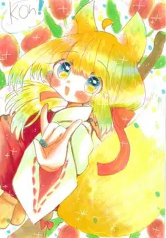 【展示会イラスト】オリジナル 手描きイラスト きつね巫女 【A5サイズ】
