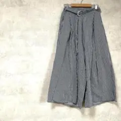 ワイドパンツ　綿100%　ストライプ　紺　白　ベルト付き　ゆったり　体型カバー