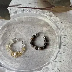 ハンドメイド　イヤーカフ　サージカルステンレス　シトリン　タイガーアイ