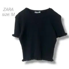 【ザラ】ZARA リブフリル袖ニット 半袖 ブラック トップス クロップド丈 M