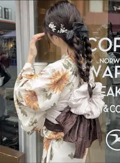 水彩ひまわり浴衣セット 花柄浴衣　イエロー　ブラウン　兵児帯