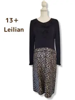 Leilian 異素材切替ワンピースレオパード柄 膝丈 13+