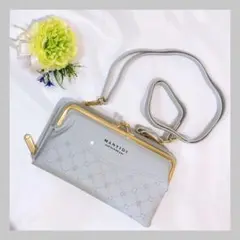 【大人気!新品】ライトグレー 長財布 がま口 ショルダーポーチ 2WAY