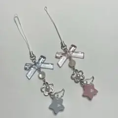 ビーズキーホルダー 青 水色 ピンク 星 リボン 韓国 平成 y2k