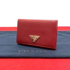 極 美品 プラダ サフィアーノ 三角ロゴ レザー カードケース 名刺入れ 赤