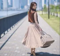 アナイ　カラーストライプフレアスカート　ブラウン