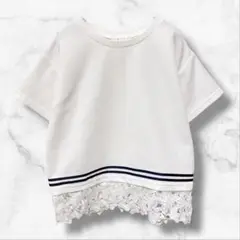 【Rio】半袖カットソー 花柄刺繍レース(M)ボーダーライン レディース 春夏秋