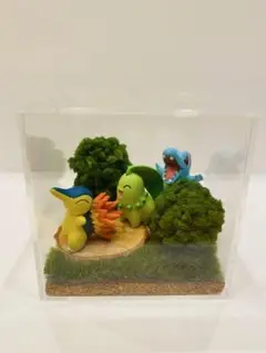 ポケモン自作ジオラマフィギュア ヒノアラシ＆チコリータ＆ワニノコ「3匹の探検隊」