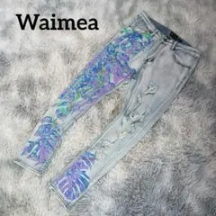 Waimea ダメージ加工 スキニージーンズ 花柄ペイントデザイン 32