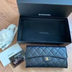 シャネル 長財布 CHANEL マトラッセ キャビアスキン ブラック×ゴールド金