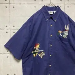90's アクメクロージング　ルーニーテューンズ 刺繍　半袖シャツ　紺　Ｍ