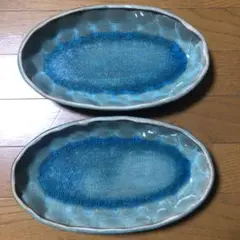 楕円皿　大皿　水色　ターコイズブルー　ガラス　　　貫入