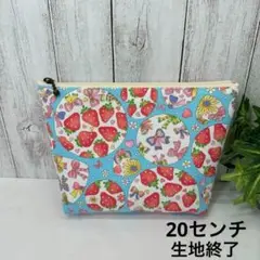 マチあり20センチファスナーポーチ イチゴとリボン　水色　ハンドメイド マルチ