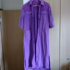 パープル ロングシャツ ボタン付き　すみれカラーポケット