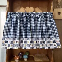 A148.カフェカーテン.カントリー柄 紺色ギンガム