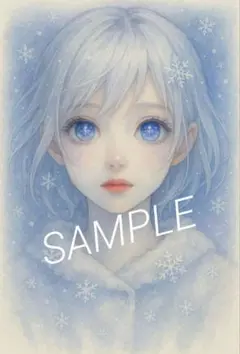 美少女イラスト 雪 青い髪 レトロ プロマイド風 幻想的 No.99