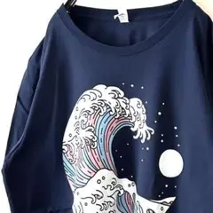 キャンバス 波 ウェーブ 月 ムーン Tシャツ L ネイビー 紺色 古着