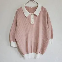 【grove】（L）千鳥格子ポロシャツ風ニットトップス/ゆったり/半袖/かわいい