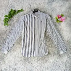 【Munsingwear】ストライプ 長袖シャツ (L) メンズ 水色 刺繍ロゴ