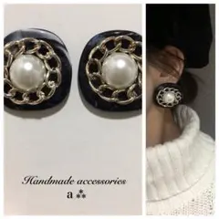 962-6 ブラック☺︎ゴールドチェーンとパールの大ぶりピアス☺︎