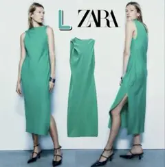 新品 ZARA 定価8,590円 ギャザー リネンブレンド ロングワンピース L