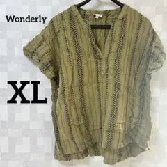 Wonderly 【XL】オリーブグリーン チュニック 半袖 ストライプドット