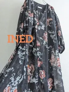 【良品】INED　花柄プリント　黒シアーロングカーディガン