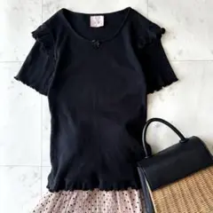 極美品 ピンクハウス PINK HOUSE 黒リブ フリル リボン付きカットソー