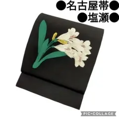 【名古屋帯】塩瀬 草花模様 黒地 アンティーク