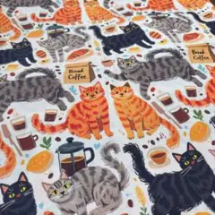 1㍍長ブレッドコーヒー猫プリント生地ハギレ布