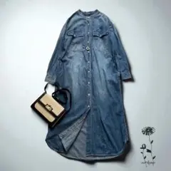 スローブイエナ♡LEDENIM バンドカラー ロングシャツワンピース ダンガリー