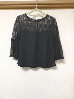 【ナイスクラップ 】⭐️七分袖フリル花柄レースカットソー⭐️黒