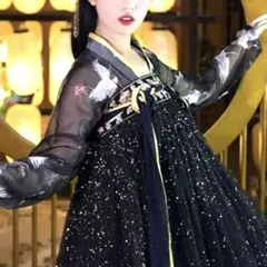 鶴柄紗製　對襟小袖上祆 白黒金色トップス　唐製漢服　花見花火　中華風　着物浴衣