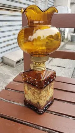 昭和レトロ　アンバーガラスのオイルランプ　アルコールランプ　箱入り未使用