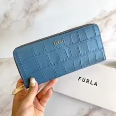 フルラ 新品 長財布 ラウンドファスナー クロコダイル シンプル ブルー