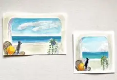 水彩画　海が見える窓辺　2枚セット