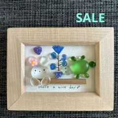 SALE ブルーのお花とうさぎとカメ　シーグラスアート