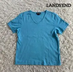 ランズエンド半袖カラーTシャツＶネックターコイズブルー90s00sS無地コットン