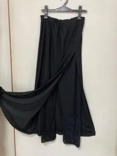 ICHIOKU黒スリットシースルーパンツ付きビーズ装飾ロングスカートFサイズ