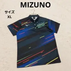 美品 ミズノ 全面昇華柄 ポロシャツ XL 黒紺 大会記念 スポーツ カジュアル