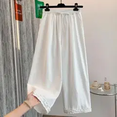 ホワイト シンプル おしゃれ度高め ワイドパンツ 着痩せ 切り替 九分丈