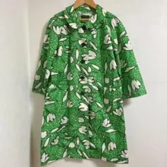 cocca ムーンバット Aライン 7分袖 レインコート 花柄 総柄 緑 梅雨
