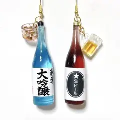 日本酒 一升瓶＆お猪口と瓶ビール＆ジョッキのイヤリング❁⃘ピアス変更可 ユニーク