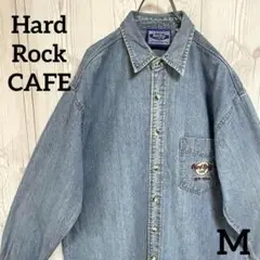 ハードロックカフェ　デニム長袖シャツ　ロゴ刺繍　メンズM　ゆるだぼ 古着男女