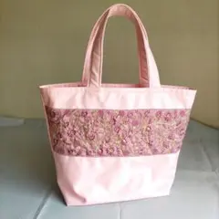 インド刺繍リボン合皮ピンクトートバッグ