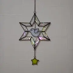 ステンドグラスハンドメイド　小鳥　星　サンキャッチャー