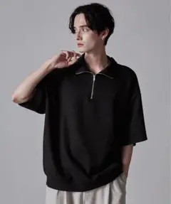ハーフジップデザイン　半袖プルオーバーtシャツ m clel ブラック
