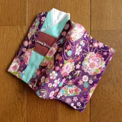 ブックカバー　打ち掛け　華と蝶々　紫×ミント　文庫本サイズ