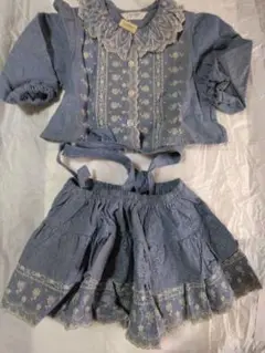 デニムブルー フリル付きトップスとスカートブラウスのセット
